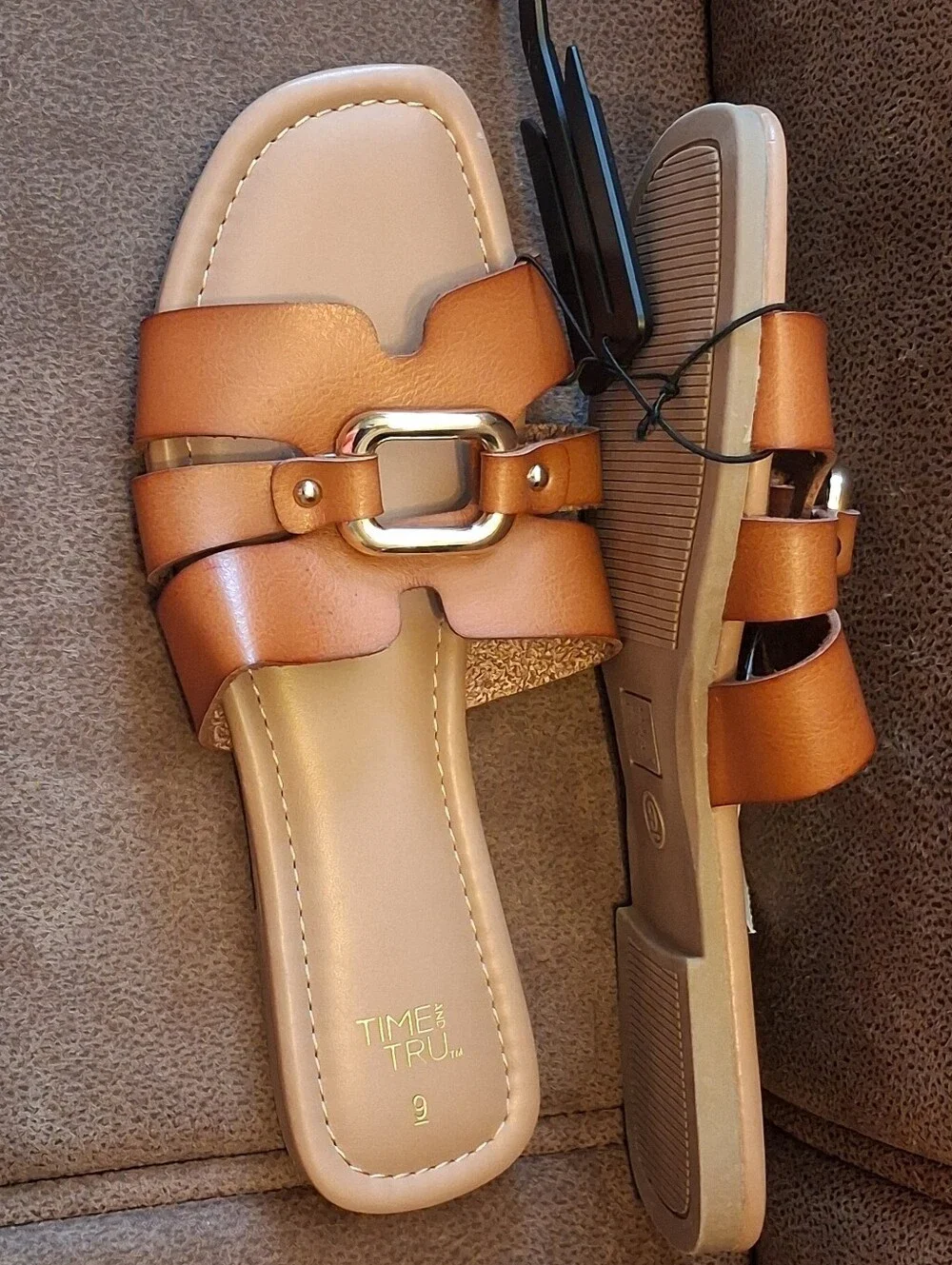 Time and Tru Embellished Slide Sandals with Decorative Buckle Cognac Size 9